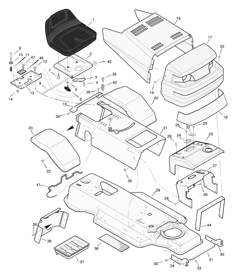 Chassis And Hood Diagram and Parts List for 387002X92NA 2004 Briggs and Stratton Lawn Tractor